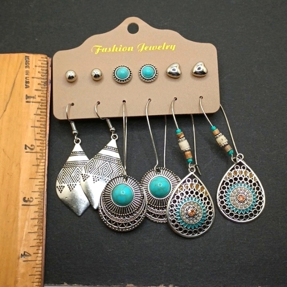 SILVER turquoise boho spear studs earring bundle - Picture 2 of 4